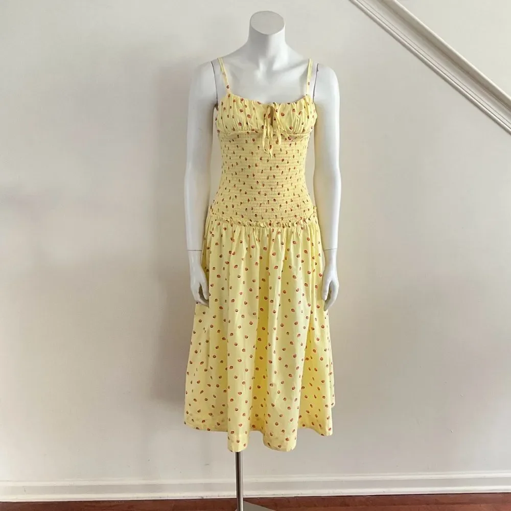 Free People Daze Strawberry Pattern Midi Dress Yellow XS
